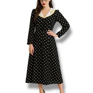 Vintage 90s Karlie & Company Polka Dot Midi Dress Embroidered Floral Collar